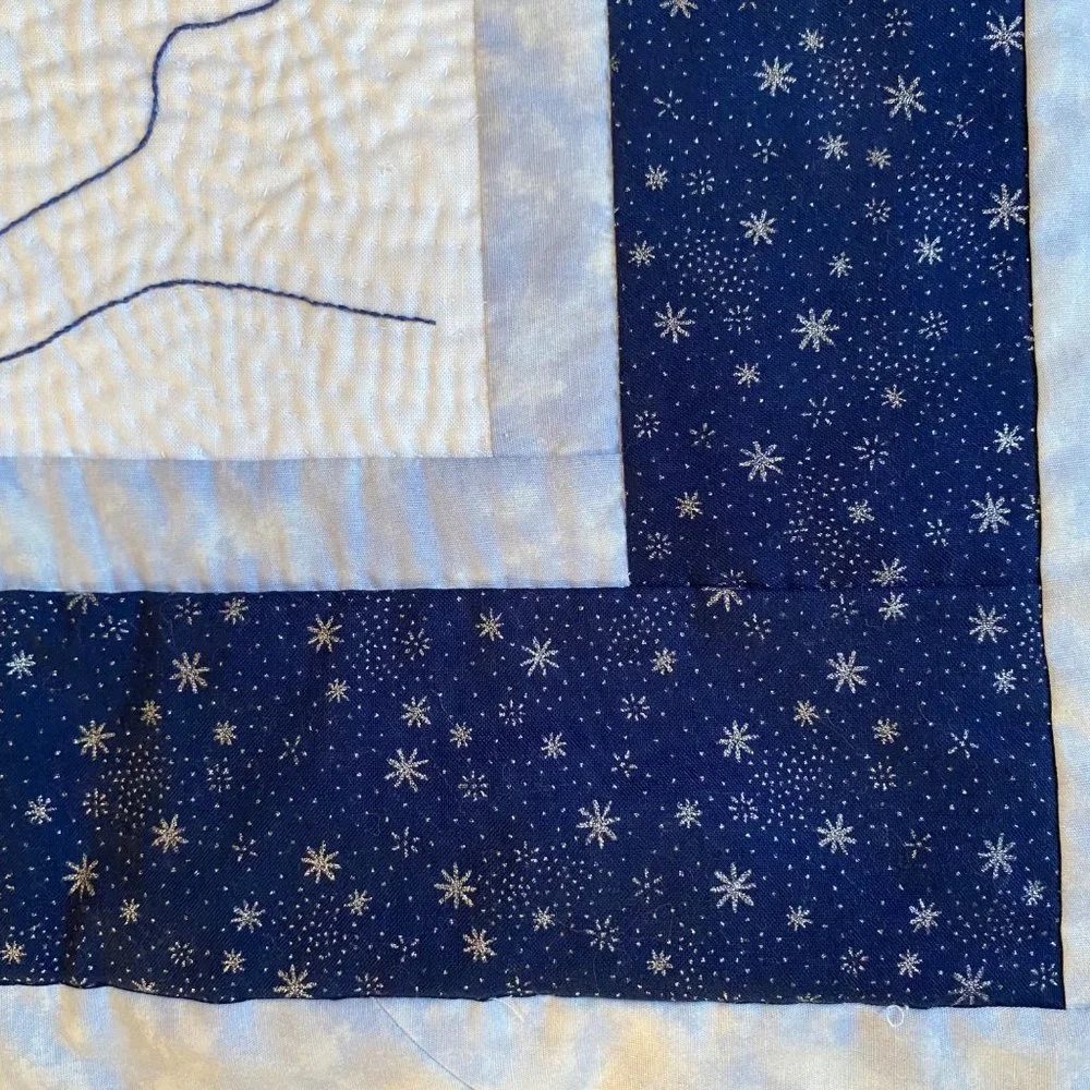 Lighthouse machine embroidered quilt winter snow Blue Christmas decor wall‎ art